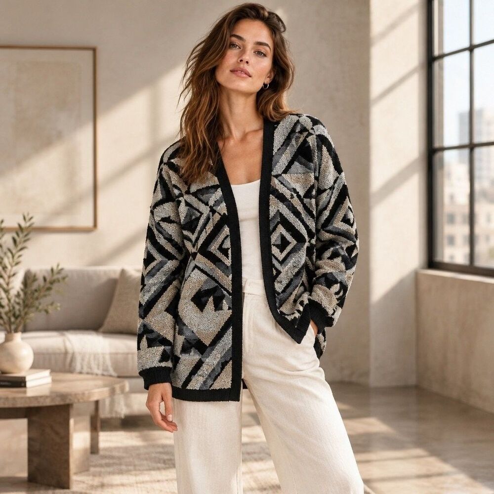 Lucky Brand Womens Large Aztec Geometric Open Front Cardigan Sweater Black Gray